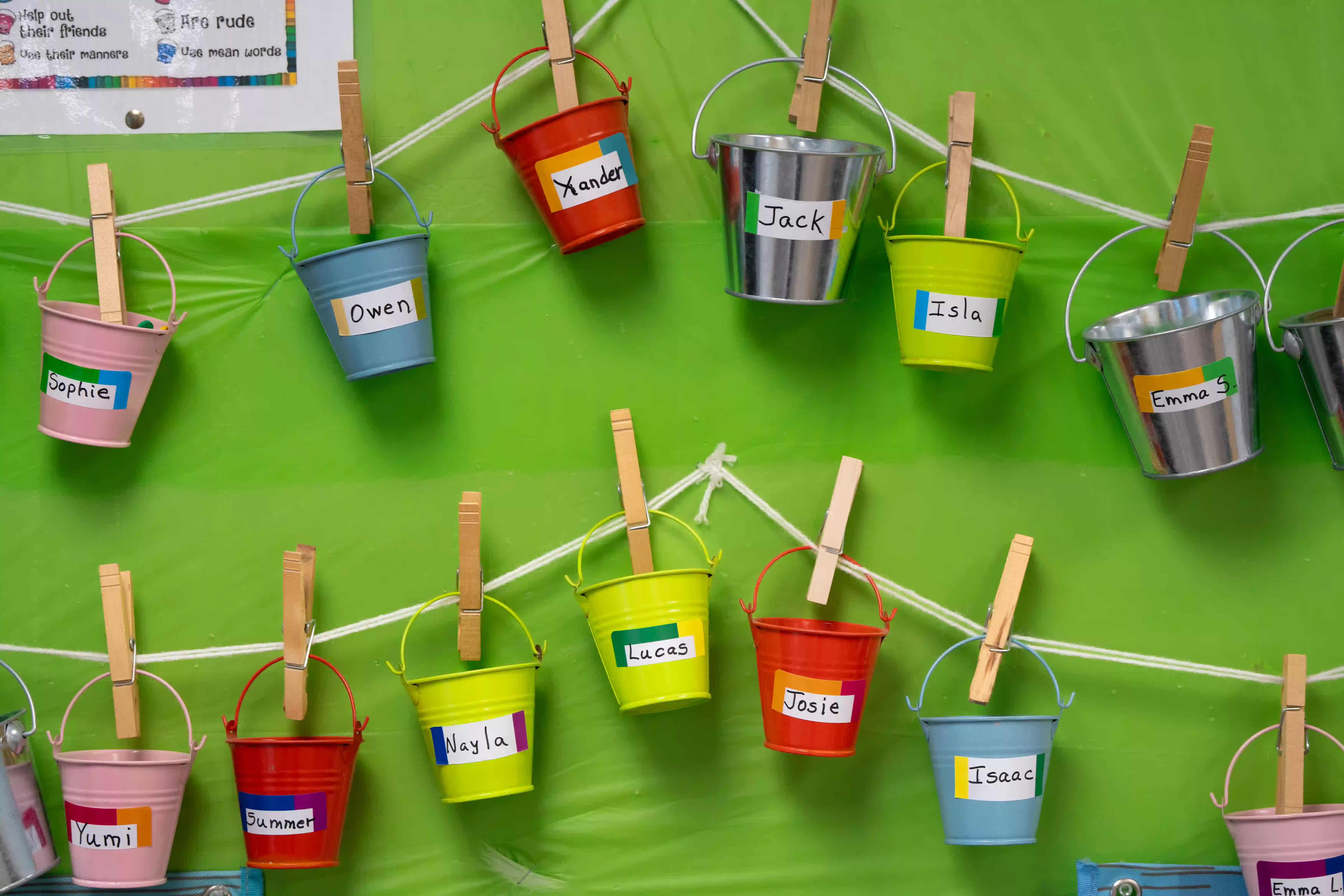 Classroom name wall with each child's bucket